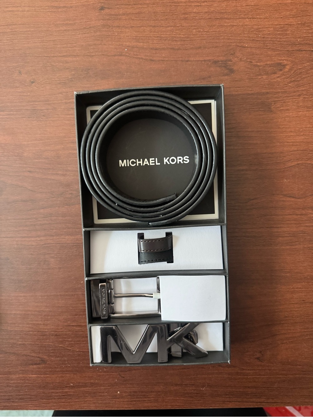 Michael Kors Black Leather Men’s Belt with Interchangeable MK Buckle